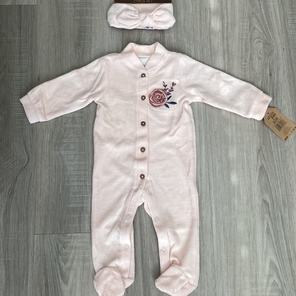 CHICKPEA Baby Girls Cozy Footed Coverall with Headband, 2 Piece Set